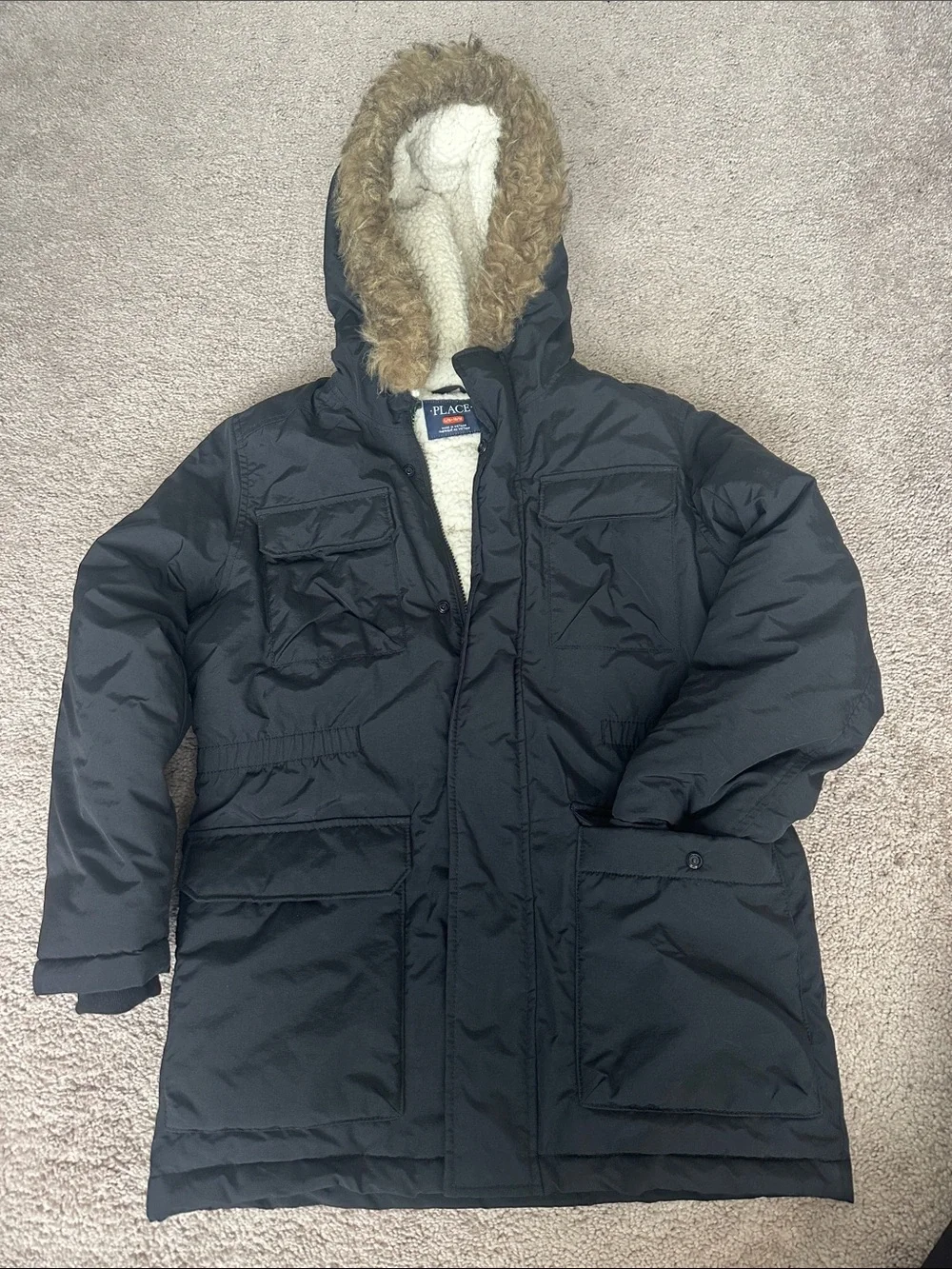 The Children's Place boys Black Puffer Parka with Faux-Fur Trim 10/12